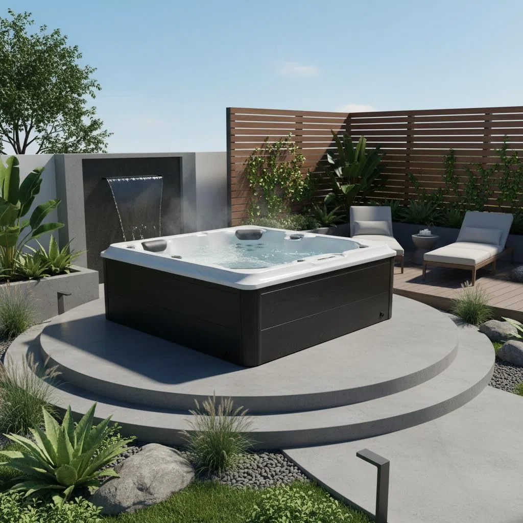 Jet-Line Whirlpool Outdoor Spa Villa Salome mit Balboa oder Gecko Steuerung Hot Tub für Garten Ganzjahrespool mit Heizung LED Verkleidung 2100 x 1600 x 790 mm Grau