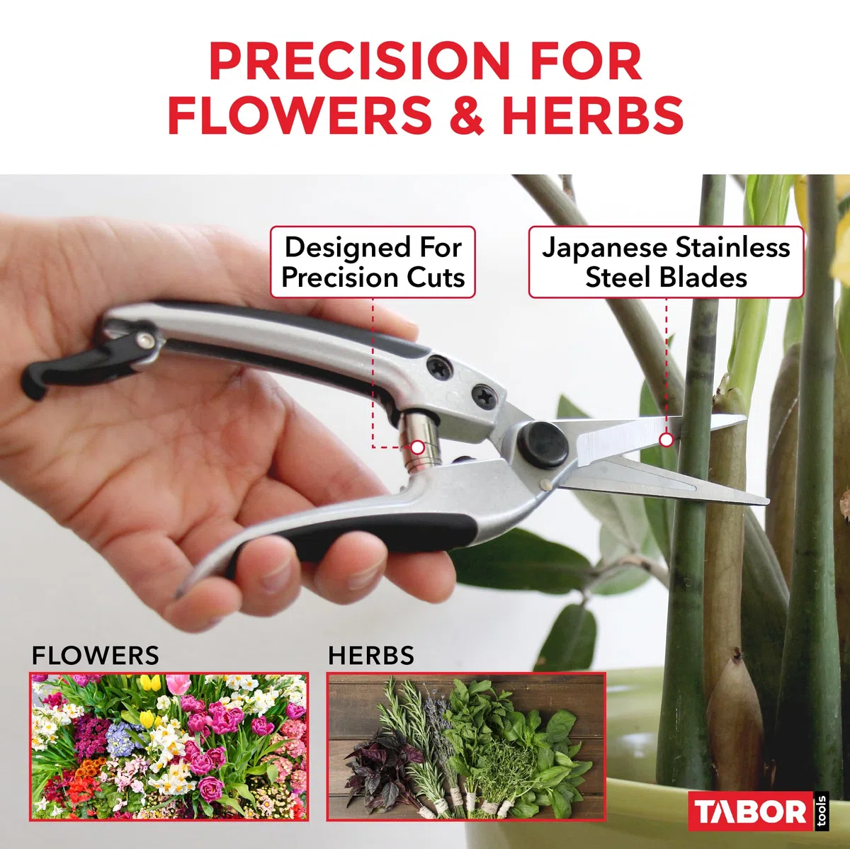 TABOR TOOLS K18E Gerade Gartenschere mit Edelstahlklingen, Blumenschere, Multi-Task-Gartenschere zum Anordnen von Blumen oder Pflanzen und Ernten von Kräutern, Obst oder Gemüse.