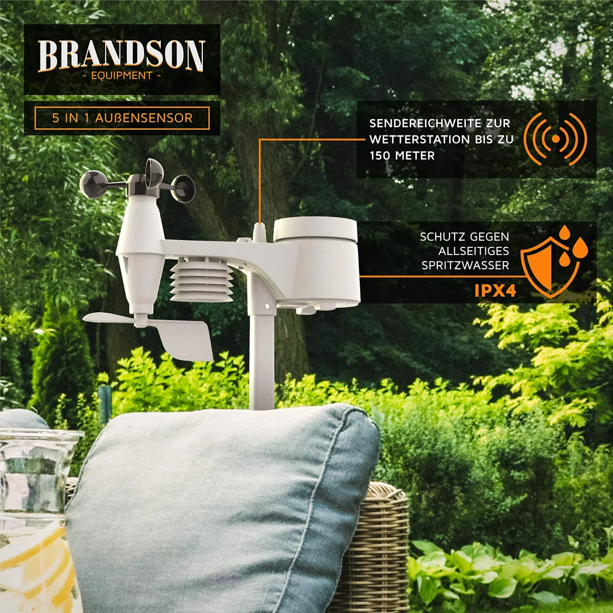 Brandson - Wetterstation Wlan mit Außensensor 5 in 1 – Funk - Wetterdaten per App WiFi - Wettervorhersage - Innen und Außentemperatur – Windmesser und Regensensor - Windrichtung - LCD Farbdispay