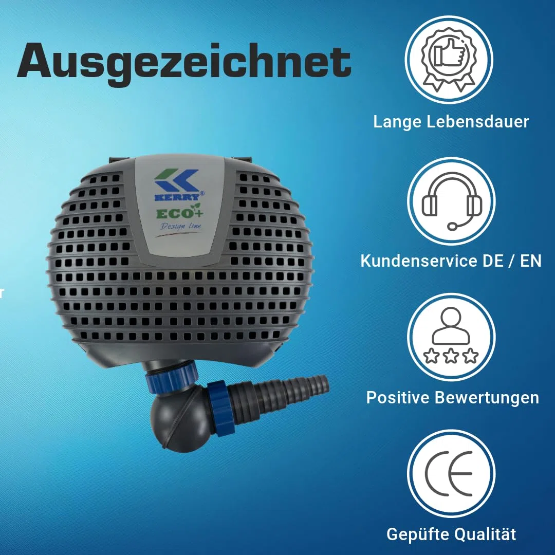 ECO Teichpumpe KEE05000-5000 L/H, nur 22 Watt energiesparend, Vorfilterkammer, 3m Förderhöhe, 10m Kabel, Wasserpumpe für Brunnen, Teich und Bach, Brunnenpumpe | Gartenteichpumpe