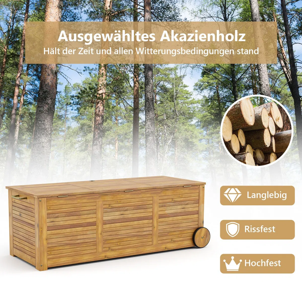 GIANTEX Gartenbox Holz Auflagenbox Gartentruhe Kissenbox Holzbox Garten | Wetterfest mit Abdeck- & Innenplane, Mobil mit Rollen & Griff, Aufbewahrungsbox Garten, Holztruhe Outdoor, für Gartenauflagen