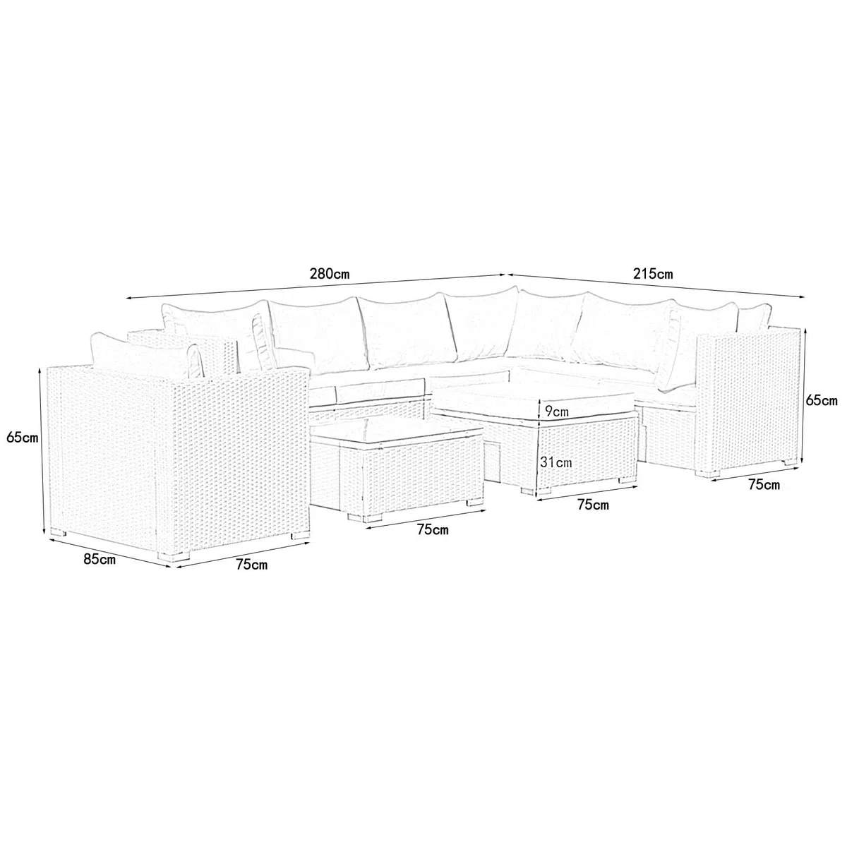 Gartenmöbel Lounge Set| 3-7 Personen viele Modelle| inkl. extra Dicke Kissen | Outdoor Loungemöbel Sitzgruppe Essgruppe Garnitur | klassisch Schwarz (Mallorca)