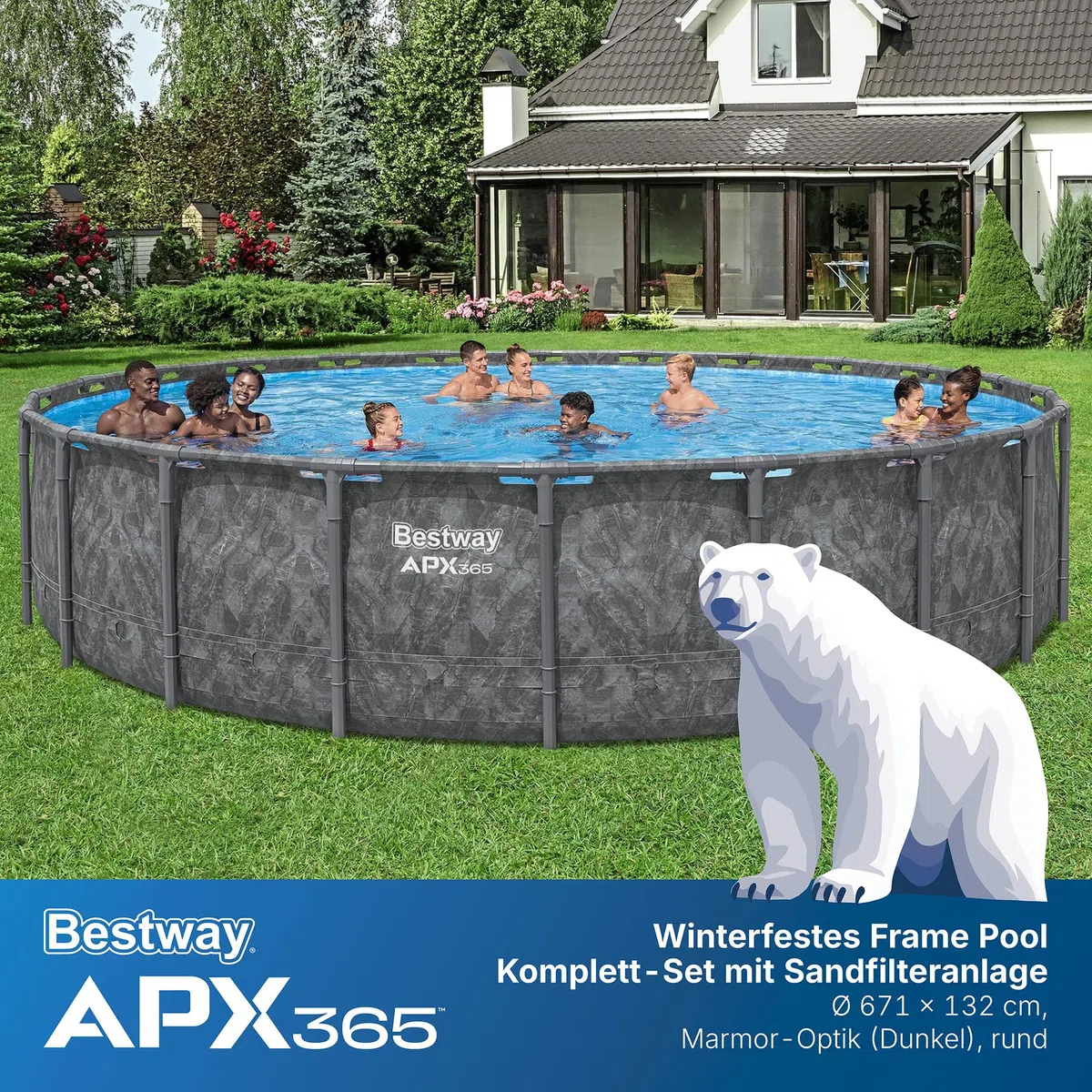 Bestway APX365 Winterfestes Frame Pool Set, Ø 671 x 132 cm, 40.377 Liter, Sandfilteranlage, Korrosionsbeständiger Stahlrahmen, ClickConnect System, Sicherheitsleiter, Abdeckplane, Filterbälle