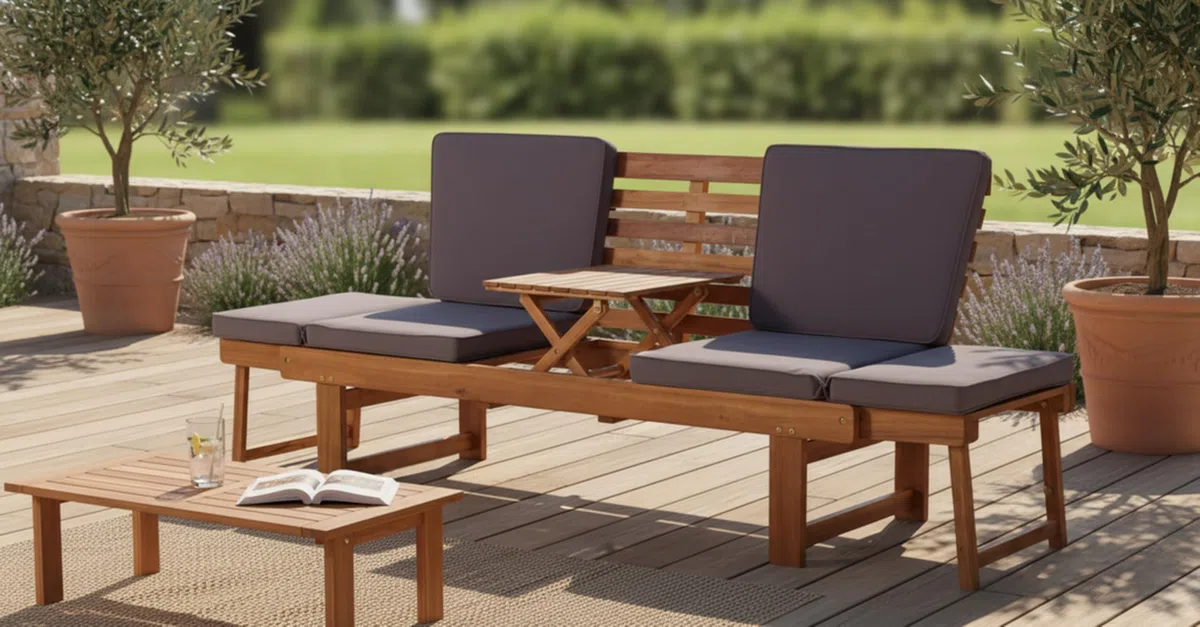 Gartenbank mit Tisch - 2 Sitzer Natur Holzbank aus Akazie Wetterfest Monte | Elegante Outdoor Sitzbank und Balkonmöbel Set, robuste Gartenbank Holz für Balkon & Terrasse, inklusive Kissenauflagen