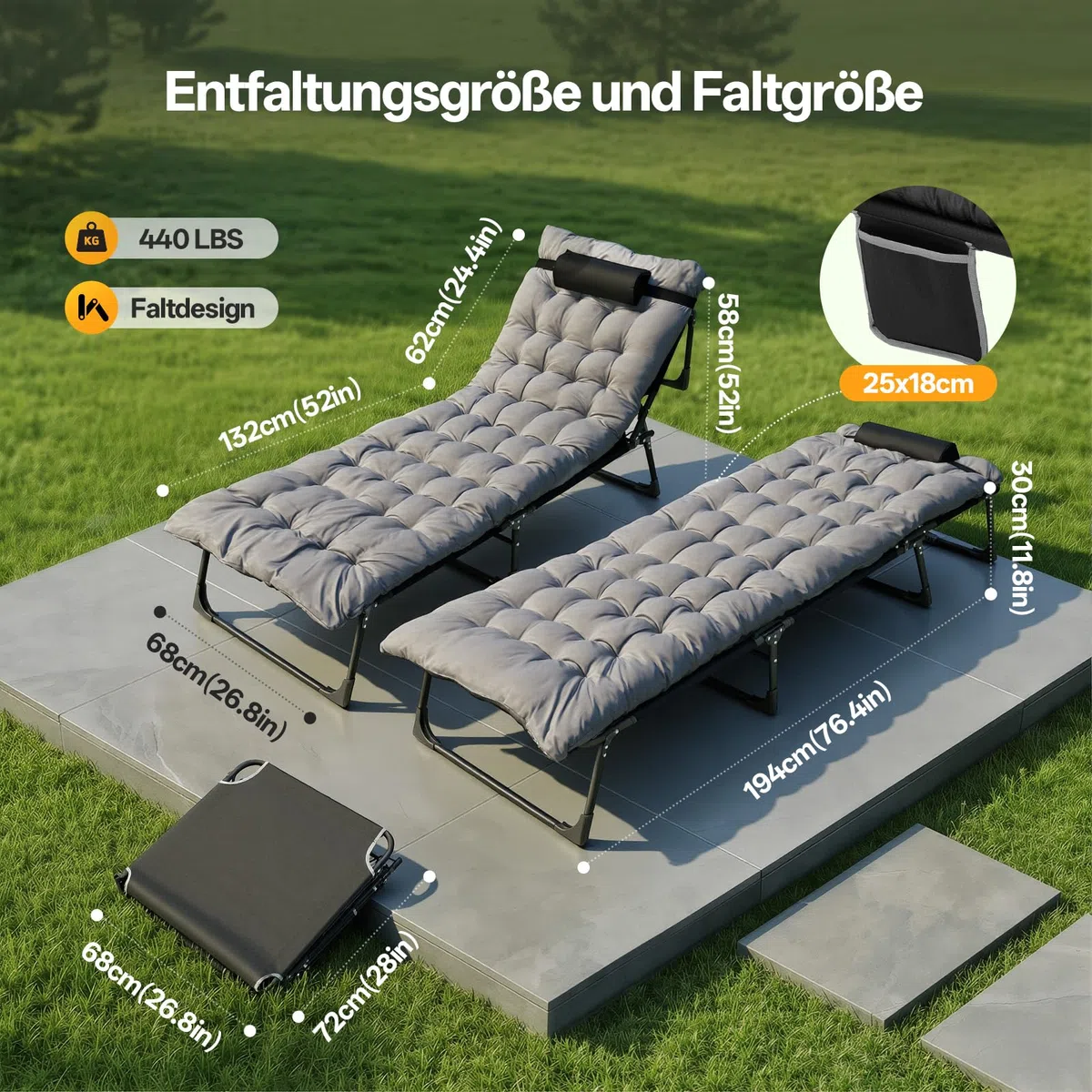 Warmiehomy Übergroße Campingbett, 5-Fach verstellbare Rückenlehne, Sonnenliege mit Matratze & Kissen bis 200 kg, Klappbares Bett, Angelstuhl, Campingbett für Garten, Strand, Sonnenbaden, Reisen, Grau