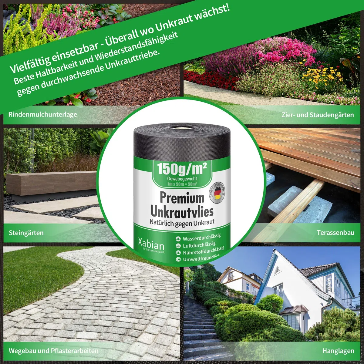 Anti Unkrautvlies 150g/m² Gartenvlies Rolle 50m x 1m = 50m² I Unkrautfolie sehr hohe UV-Stabilisierung - extrem reißfest und wasserdurchlässig