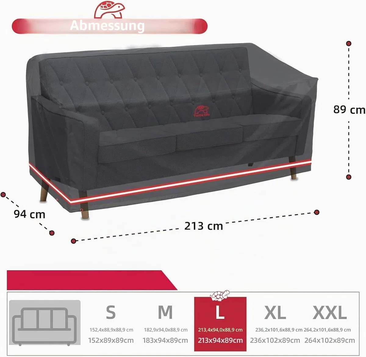 Turtle Life Gartensofa Abdeckung, Gartenbank Abdeckung Wasserdicht, Gartenbank Abdeckung für 3-4 Sitzer Gartensofa, Gartensofa Abdeckung kein Verblassen innerhalb von 2 Jahren, schwarz 213 x 94 x 89CM