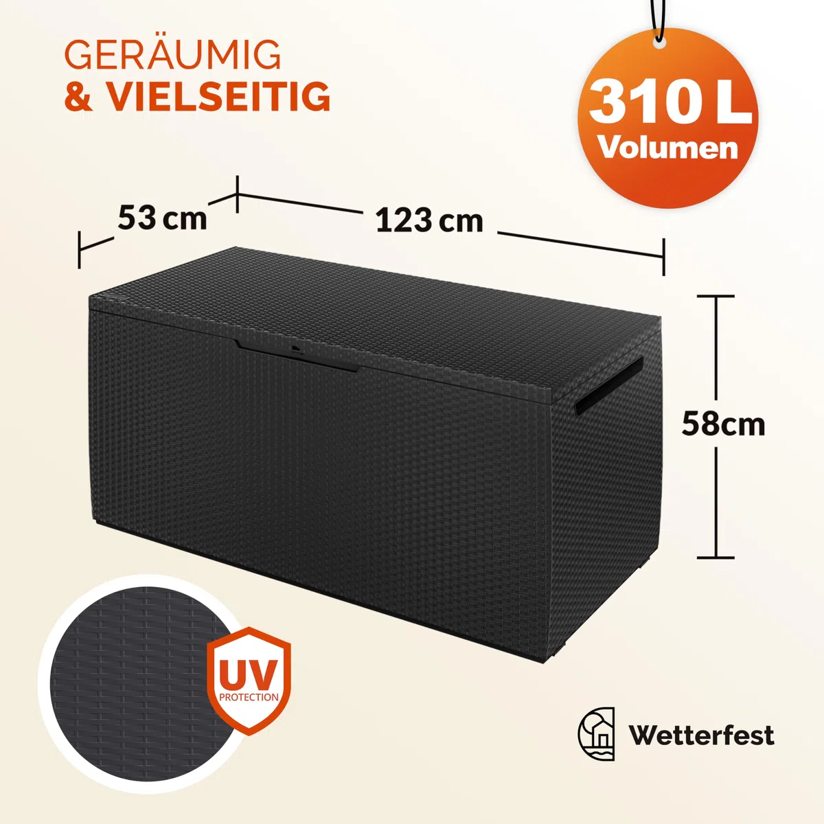 Deuba® Gartenbox 310L UV-beständig Haltegriffe Rollen Verschlussvorrichtung Balkon Wohnzimmer Wintergarten Kissenbox 123x53cm Rattan-Optik Anthrazit