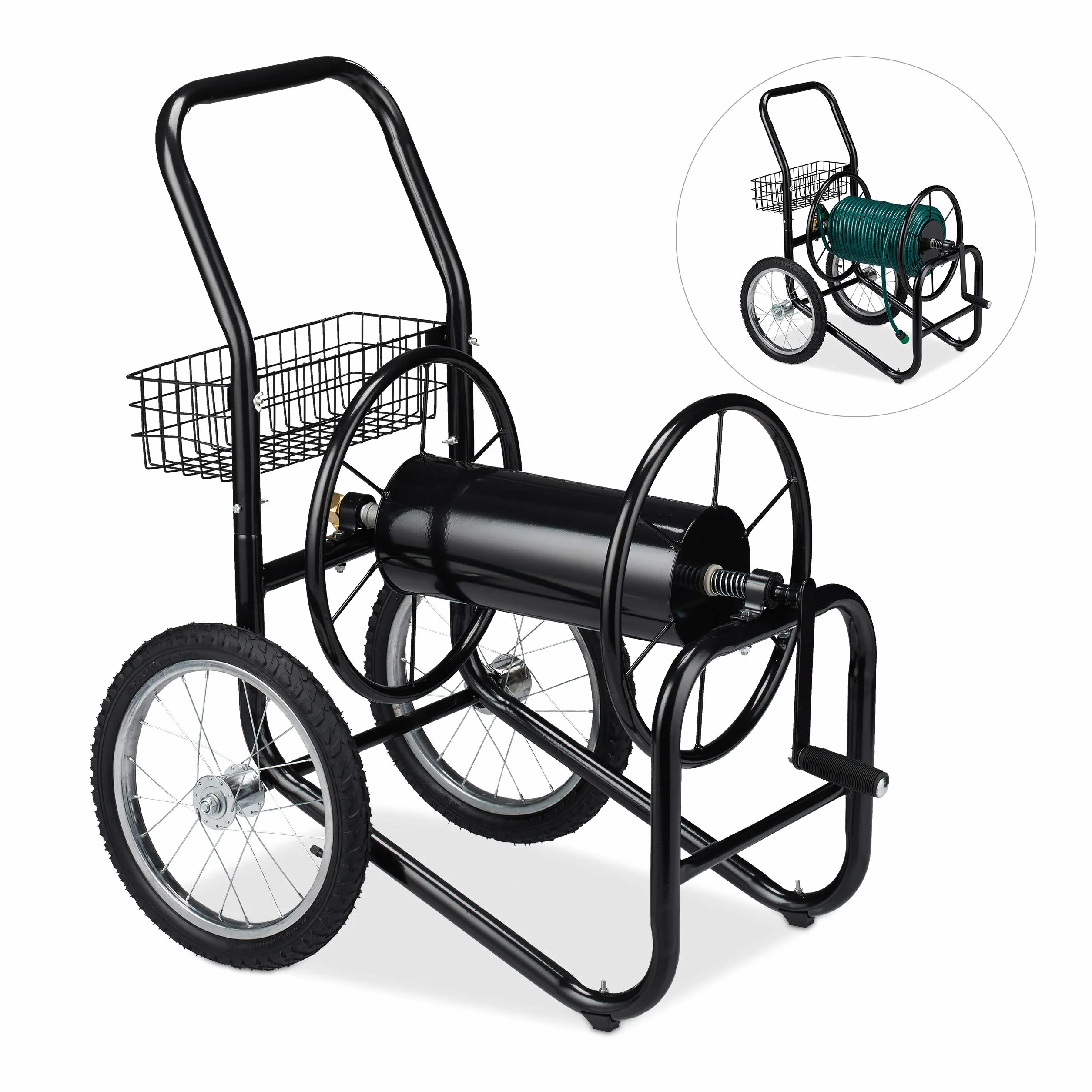 Relaxdays Schlauchwagen, bis 90 m, 2 Räder, Klickkupplung, Schlauchtrommel Metall, Schlauchabroller Garten, schwarz