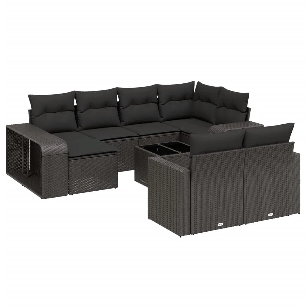 11-TLG. Garten-Sofagarnitur Schwarz Poly Rattan Ecksofa Mittelsofa Tisch Hocker Regal mit Glasplatte und abnehmbaren Kissen modular wetterfest für Balkon Terrasse und kleine Gärten