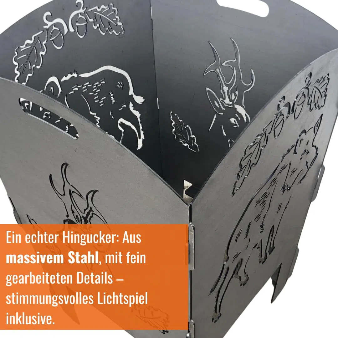 Terma Stahldesign Feuerkorb Jäger Wildschwein Rehbock 70 cm Feuertonne massiv Stahl Feuerstelle Garten Terrasse zerlegbar optional Feuerplatte Handmade Germany