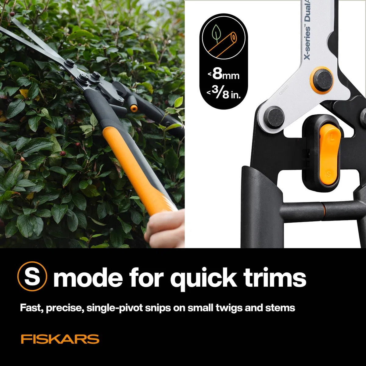 Fiskars X-series DualAction Heckenschere HSX96, 2-in-1-Modus für schnelle oder kraftvolle Schnitte, Antihaftbeschichtete Stahlklingen/FiberComp-Griffe, Schwarz/Orange, 1080134