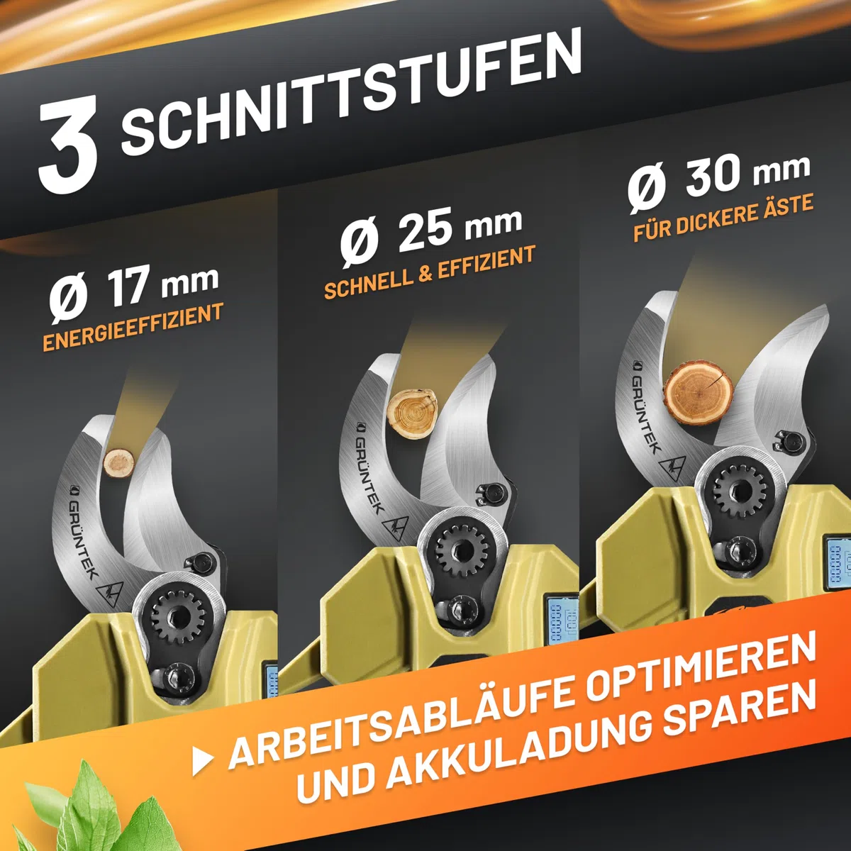 GRÜNTEK Akku Astschere 21V 2Ah Brushless, Elektrische Gartenschere Akku bis 30mm, 400W Bürstenloser Motor SK5 Klinge Makita-Kompatibel, Koffer Komplett-Set Baumschere Akkuschere