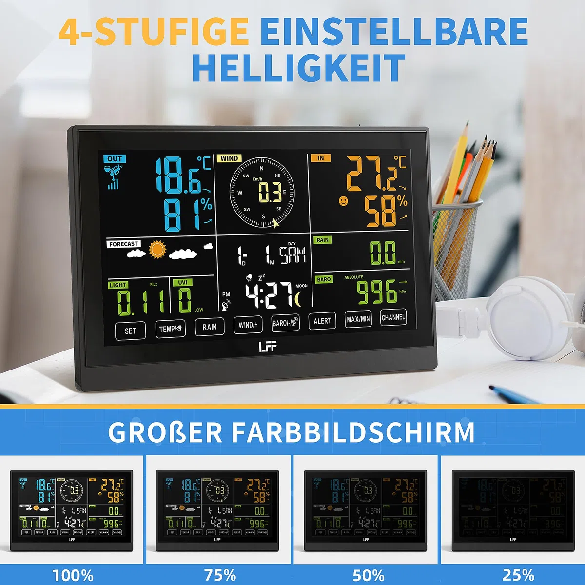 LFF 7-In-1 Wetterstation Funk mit Außensensor, 7,5-Zoll-Display Funkwetterstation mit DCF-Funkuhr, Wetterstation mit 4-Stufen Hintergrundbeleuchtung, UV-Index,Windmesser, Regenmesser, Wettervorhersage