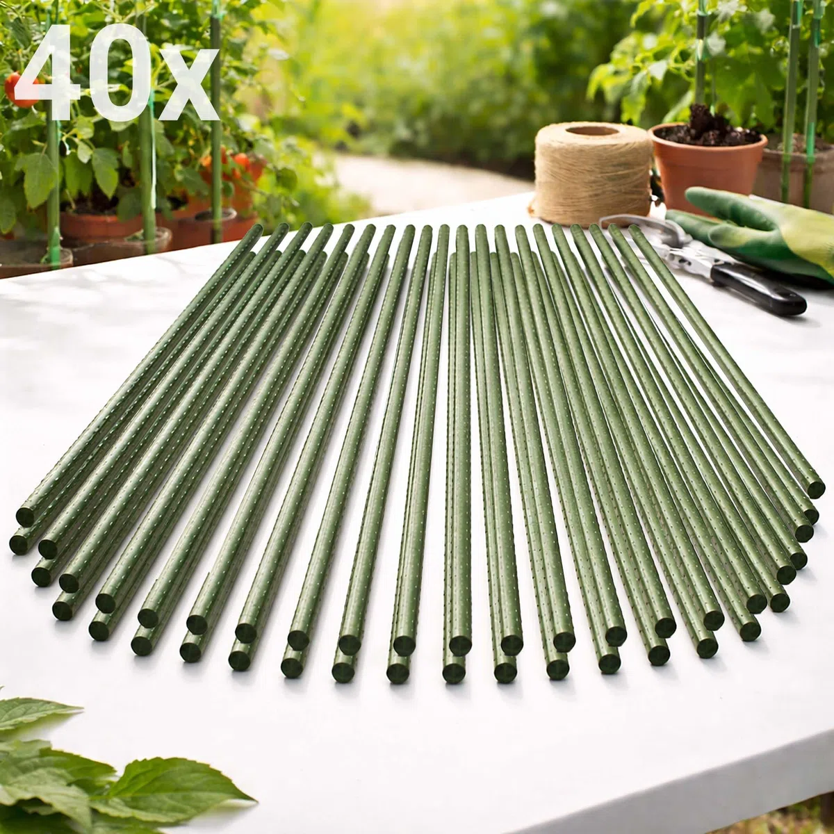 40x Pflanzstäbe grün 120 cm Ø 11 mm Rankstäbe aus Metall und Kunststoff, Pflanzstangen für Tomaten und Kletterpflanzen