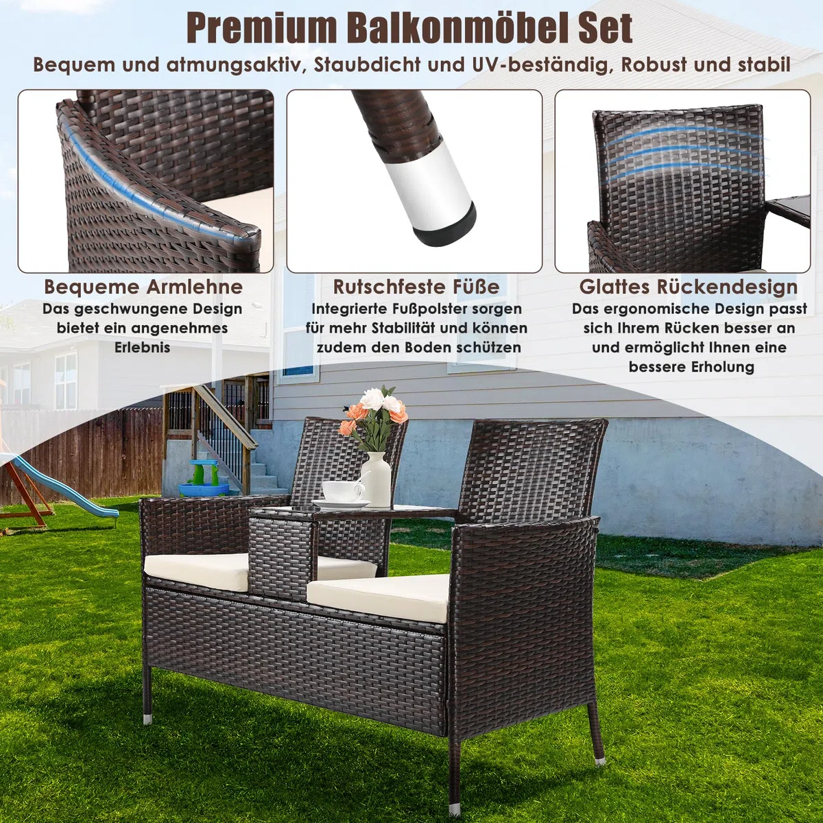 TLSUNNY Wetterfest Polyrattan Gartenbank, 2-Sitzer Gartenmöbel Set mit Integriertem Tisch, 2PCS Sitzkissen, Rattan Balkonmöbel, Bequem und Atmungsaktiv, 120X54X83cm, Groß Balkonmöbel Set, Braun
