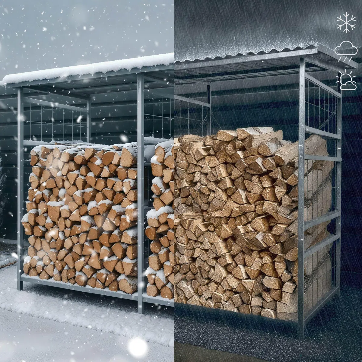 CLP Brennholzregal Macon, wetterfest mit Dach frei wählbarer Neigung, feuerverzinkter Stahl für 2,2m³ oder 4,4m³ Kaminholz, Holzlager, Farbe:Metall, Set-Inhalt:Brennholzregal + Erweiterung
