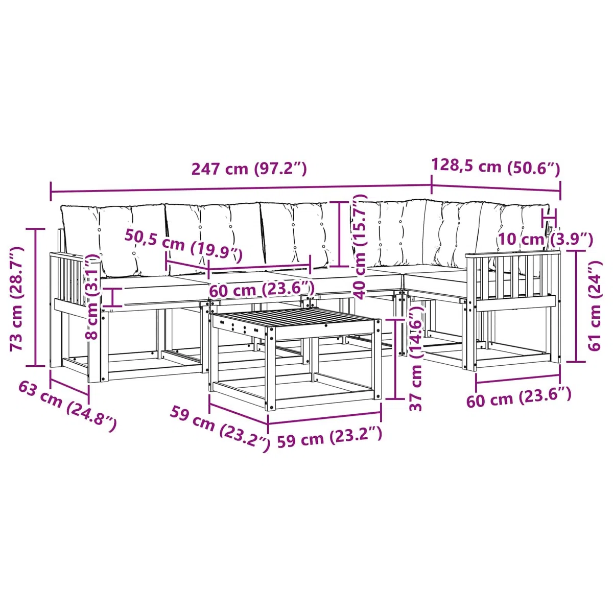 Outdoor-Sofagarnitur 6-teilig mit Kissen aus massivem Akazienholz und beige Textilene, wetterfestes Gartenmöbel-Set mit Tisch, bequemer Sitzgruppe für Terrasse und Poolbereich
