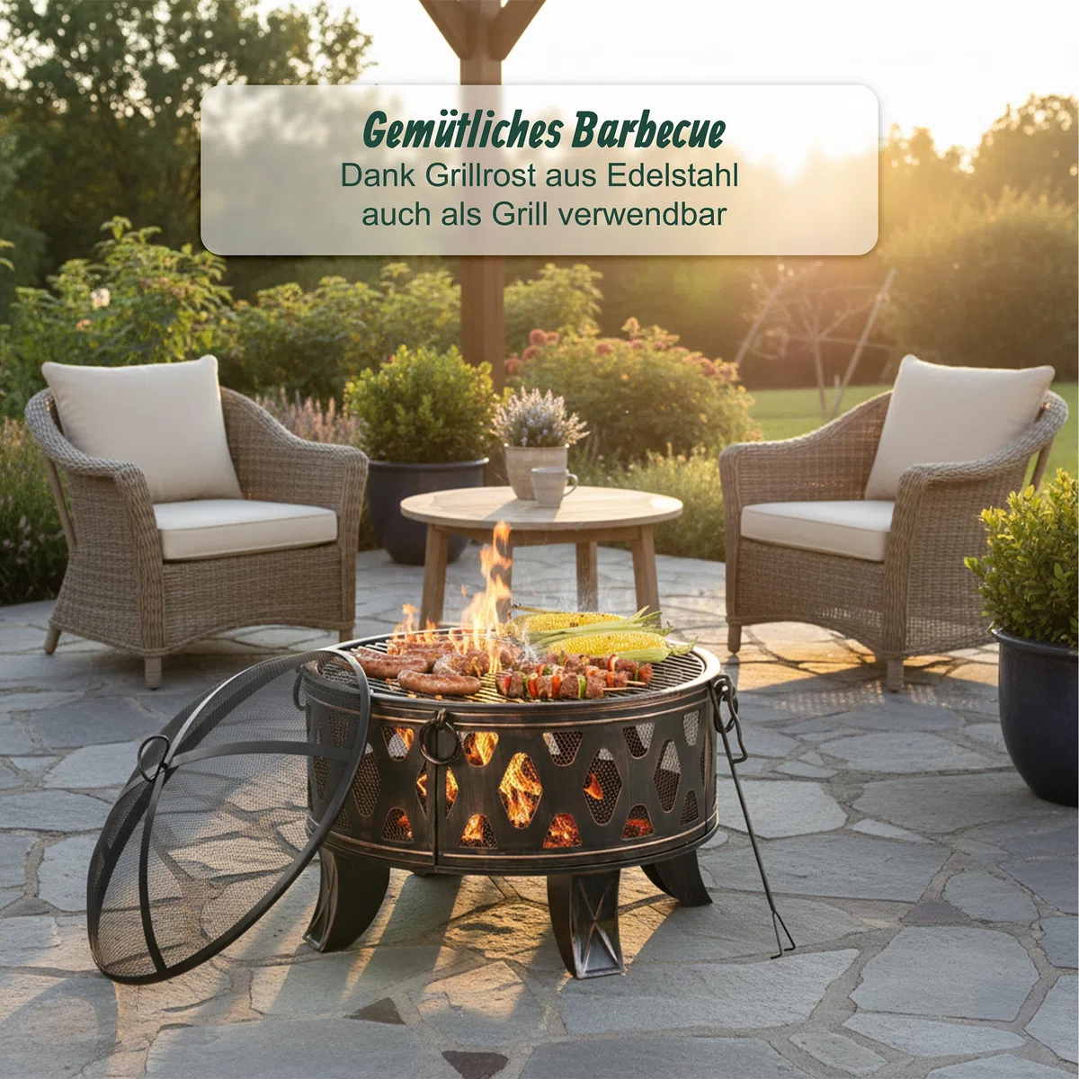 Relaxdays Feuerschale, Ø 66 cm, mit Grillrost, Funkenschutz & Schürhaken, Feuerstelle Garten, Feuerkorb, schwarz/Bronze