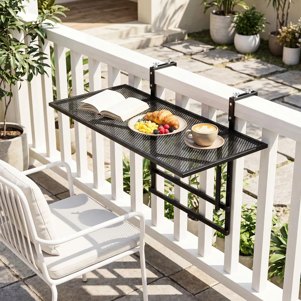 COSTWAY Balkontisch klappbar, 80x50 cm, Balkonhängetisch zum Einhängen, 5-Fach höhenverstellbar, Klapptisch aus Metall, rechteckiger Hängetisch für Balkon, 24 kg Tragfähigkeit, Schwarz