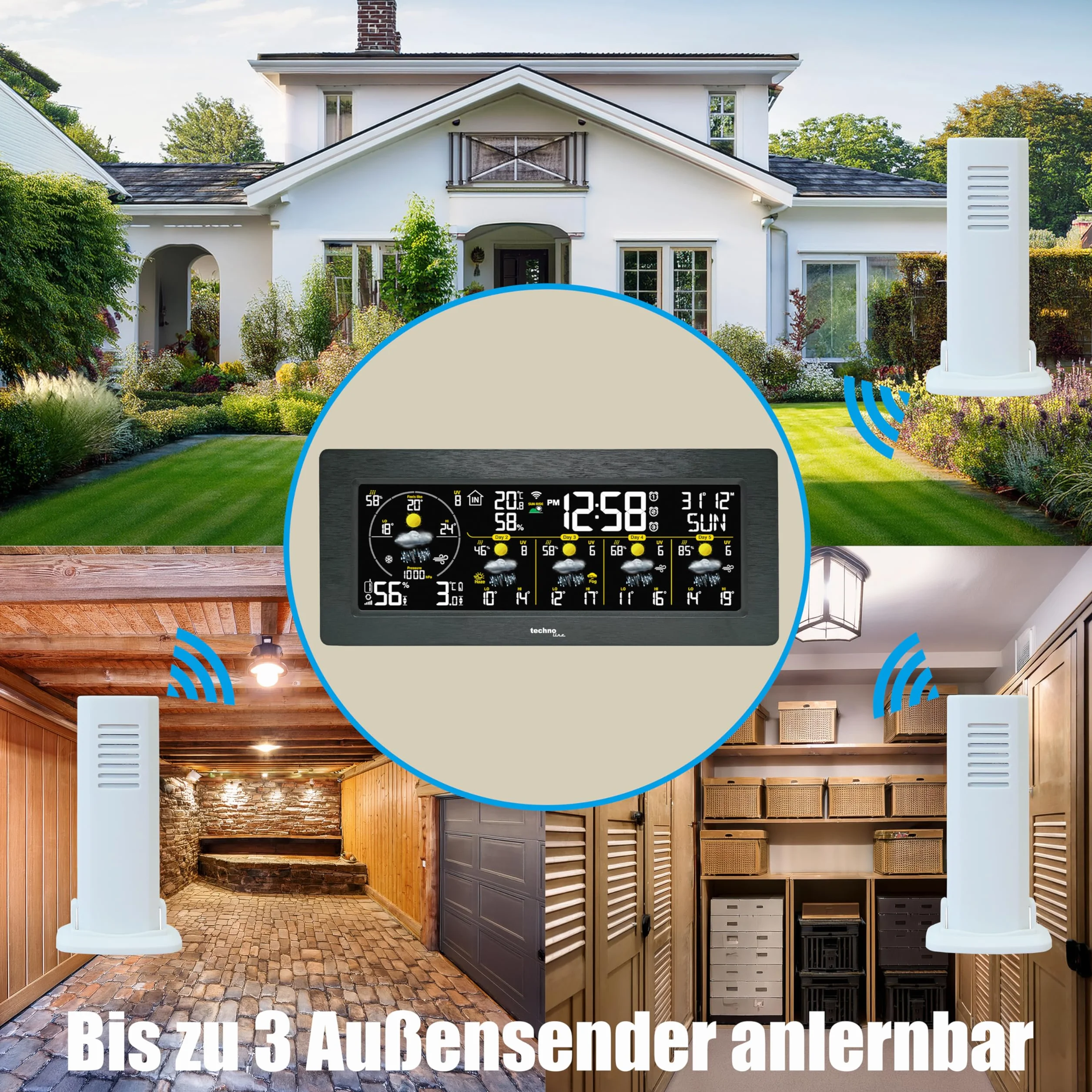 techno line WD 3050 WLAN Wetterstation mit Außensensor | 5-Tage-Wettervorhersage | Farbdisplay | Innen-/Außentemperatur | Luftfeuchtigkeit | UV-Index | App-Steuerung | 3 Alarme