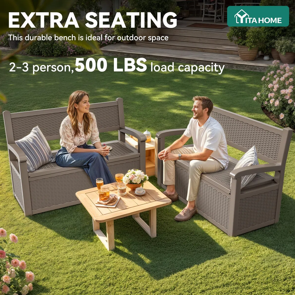 YITAHOME Aufbewahrungsbox mit 270L Fassungsvermögen, Allwetter-Resin Gartenbank mit abschließbarem Deckel, Gartenaufbewahrung für Terrassenmöbel, Kissen, Werkzeuge und Poolzubehör,Hellbrauner-Stuhl
