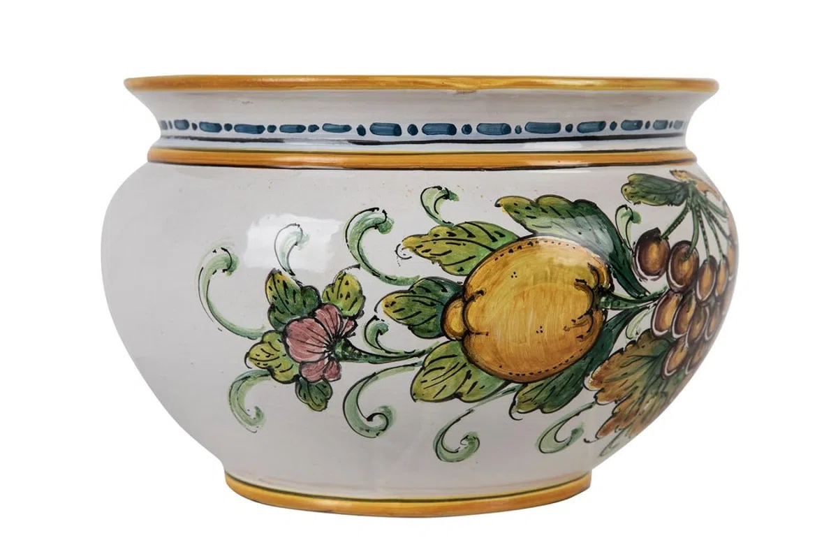 Cerames Pflanzkübel Keramik im sizilianischen Stil von Caltagirone Vaso di Limoni e Uva S – Italienischer Blumenkübel, runder Blumentopf für Innenbereich und Fensterbank, Ø 20 cm, Höhe 15 cm