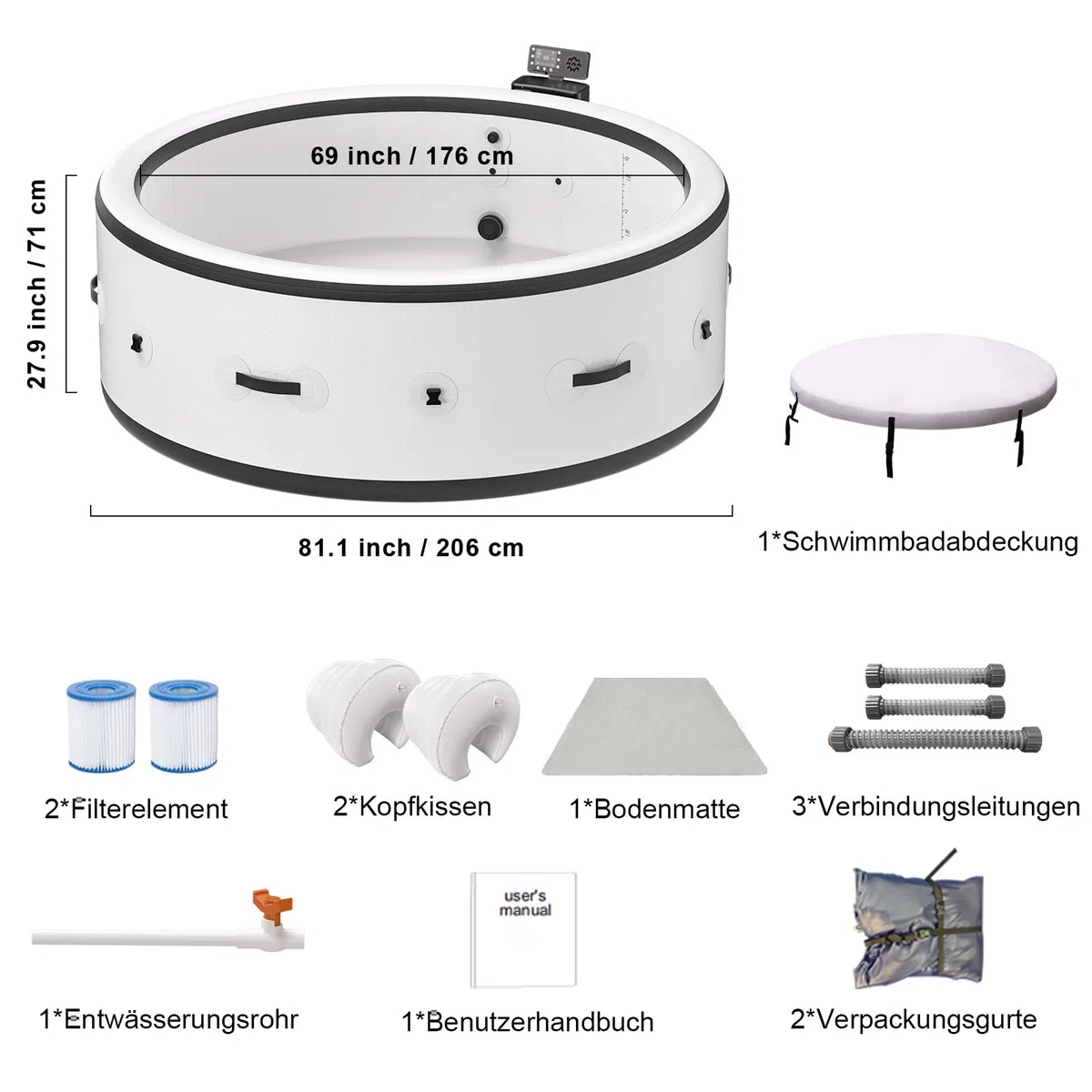 B&Y Whirlpool mit 3-stufiger Wellenfunktion und 6 Ambientebeleuchtung | Isolierte Abdeckung，Automatische Inflation & Deflation，Heizfunktion，Robuste Materialien