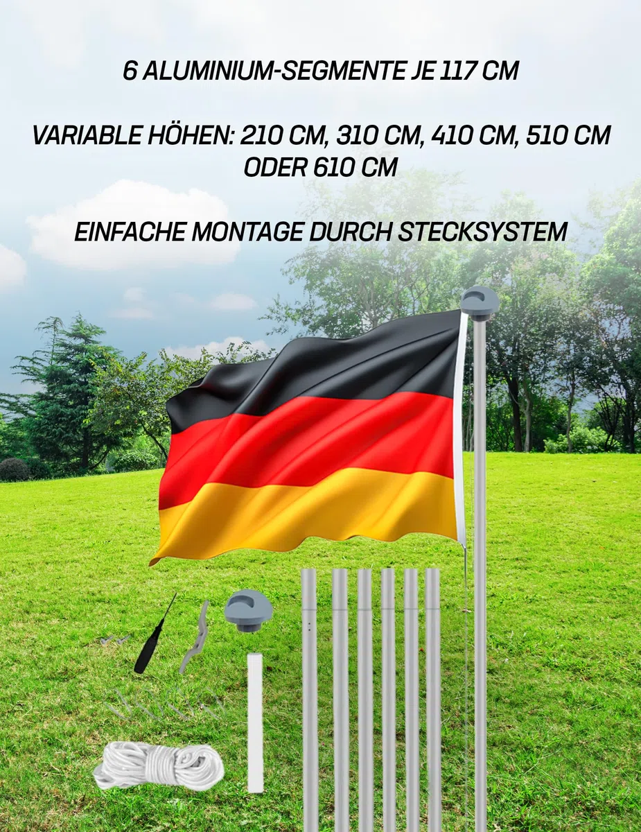 MUWO Glory Teleskop Fahnenmast mit Hissvorrichtung, höhenverstellbar von 2,1 m bis 6,1 m. Einfaches Stecksystem aus flexiblem, wetterfestem Aluminium, mit Bodenhülse. Geeignet für die Außenmontage