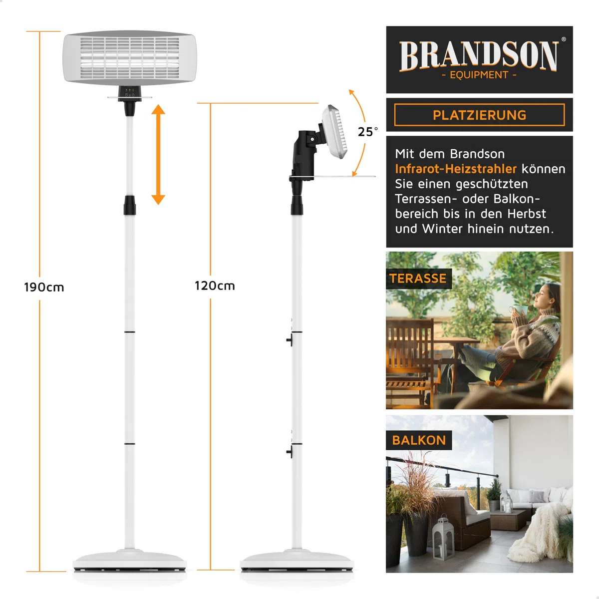 Brandson - Heizstrahler mit Fernbedienung Outdoor Indoor - Elektro Infrarot Terrassenheizstrahler - 3 Leistungsstufen Heizelemente - LED Power Indikator - Wandhalterung - Balkon Garten Terrasse