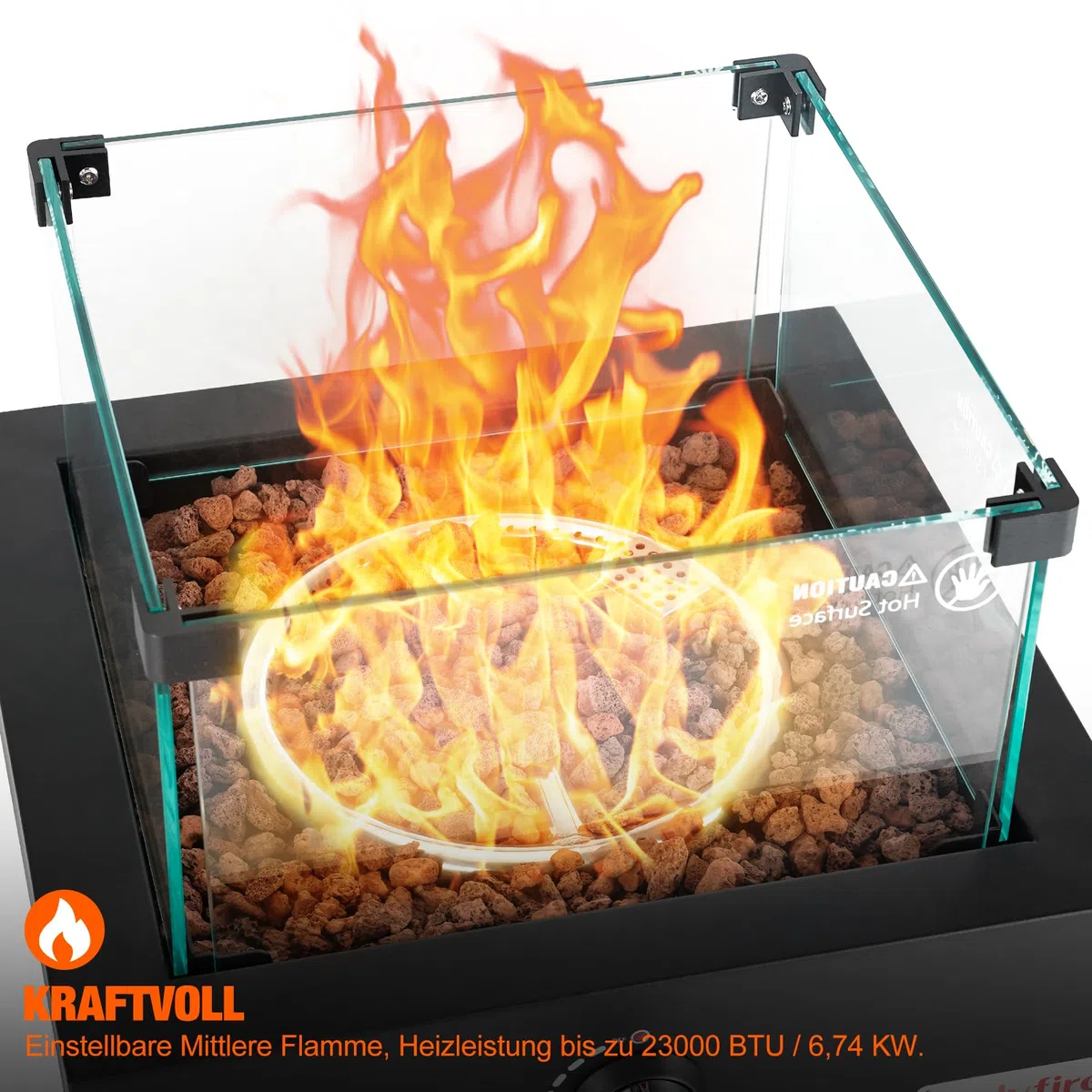 Onlyfire Tisch Gas Feuerstelle, Quadratische Outdoor Feuertisch mit Glaswindschutz, Lavastein und Hinterem Lufteinlass, Multifunktional Tischfeuer für Heizung, BBQ Grill & Ambientebeleuchtungen
