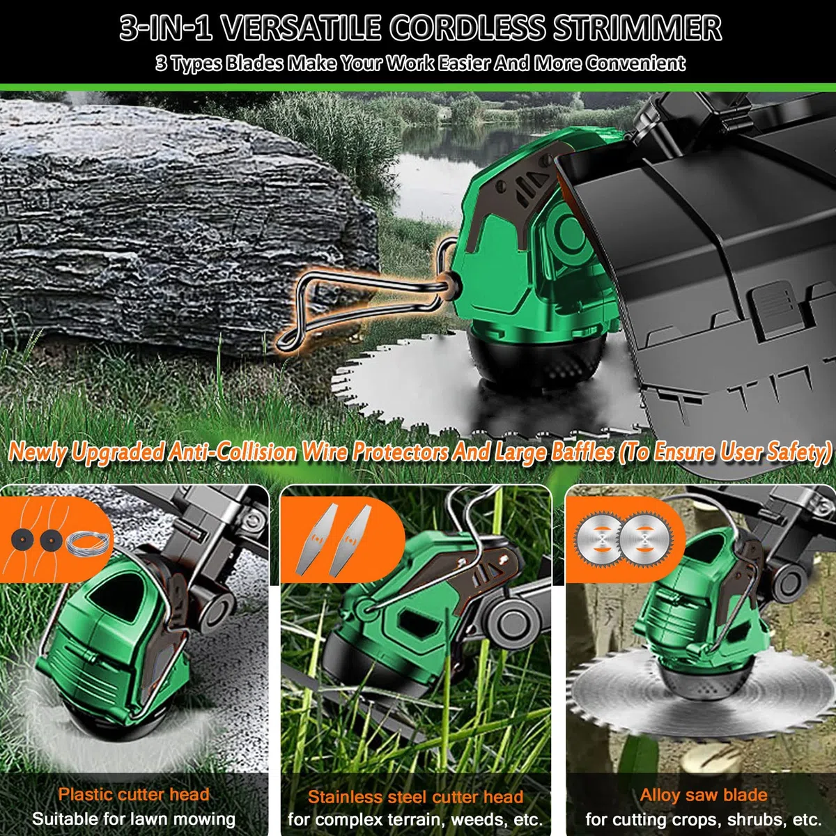 Akku Rasentrimmer mit Akku 24V Akku Freischneider 3 in 1 Elektro Rasentrimmer mit 2X2.0Ah Akku & Ladegerät, Multitool Rasentrimmer mit Messer 90-120cm Teleskop Rasenkantenschneider,Green