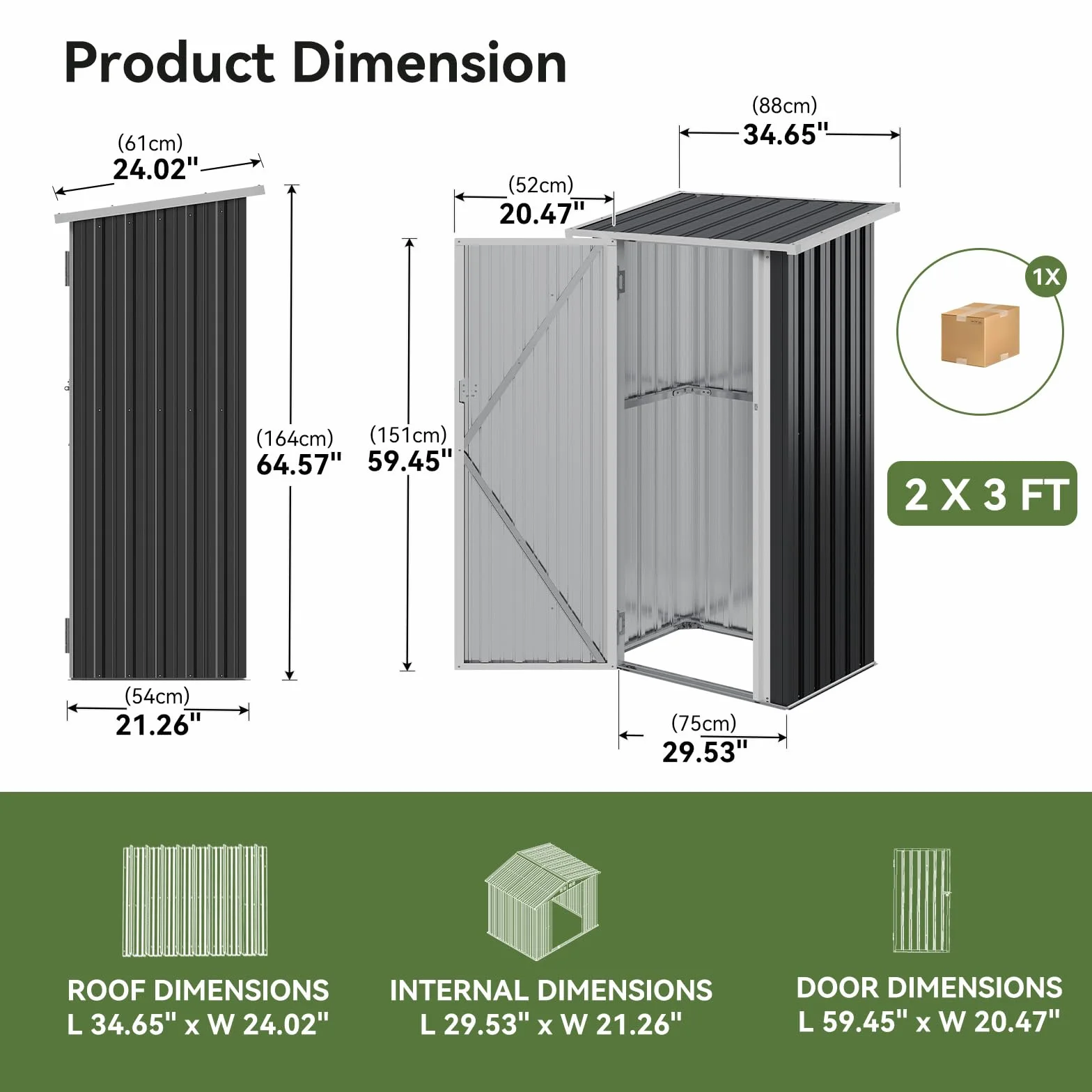 Aoxun Metall Gerätehaus 88x61x164cm Geräteschuppen mit Pultdach Stark & Rostfrei Abschließbarer Tür Gartenhaus Outdoor Garten Schuppen Schrank für Hinterhof Außenbereich Dunkelgrau,Schwarz