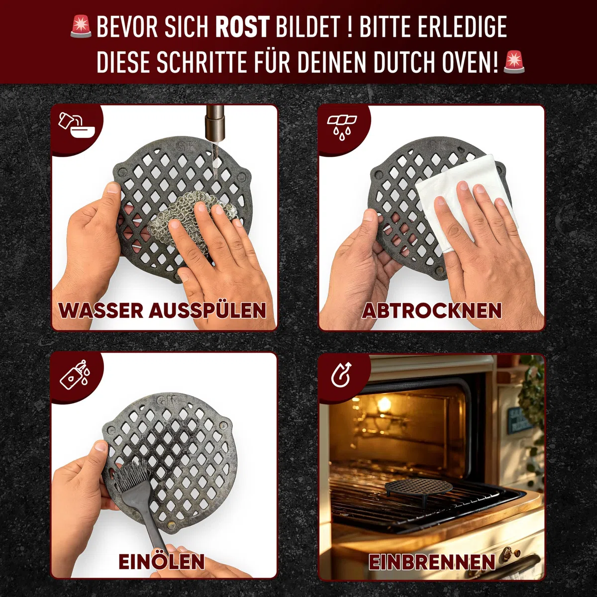 GUSSKÖNIG Gusseisen Stapelrost für 7 Liter Dutch Oven [Ø 22cm] - Einsatz für DutchOven - Staple Grate - Grillrost Dreibein Gusseisen DutchOven Untersetzer - Dutch Oven Zubehör