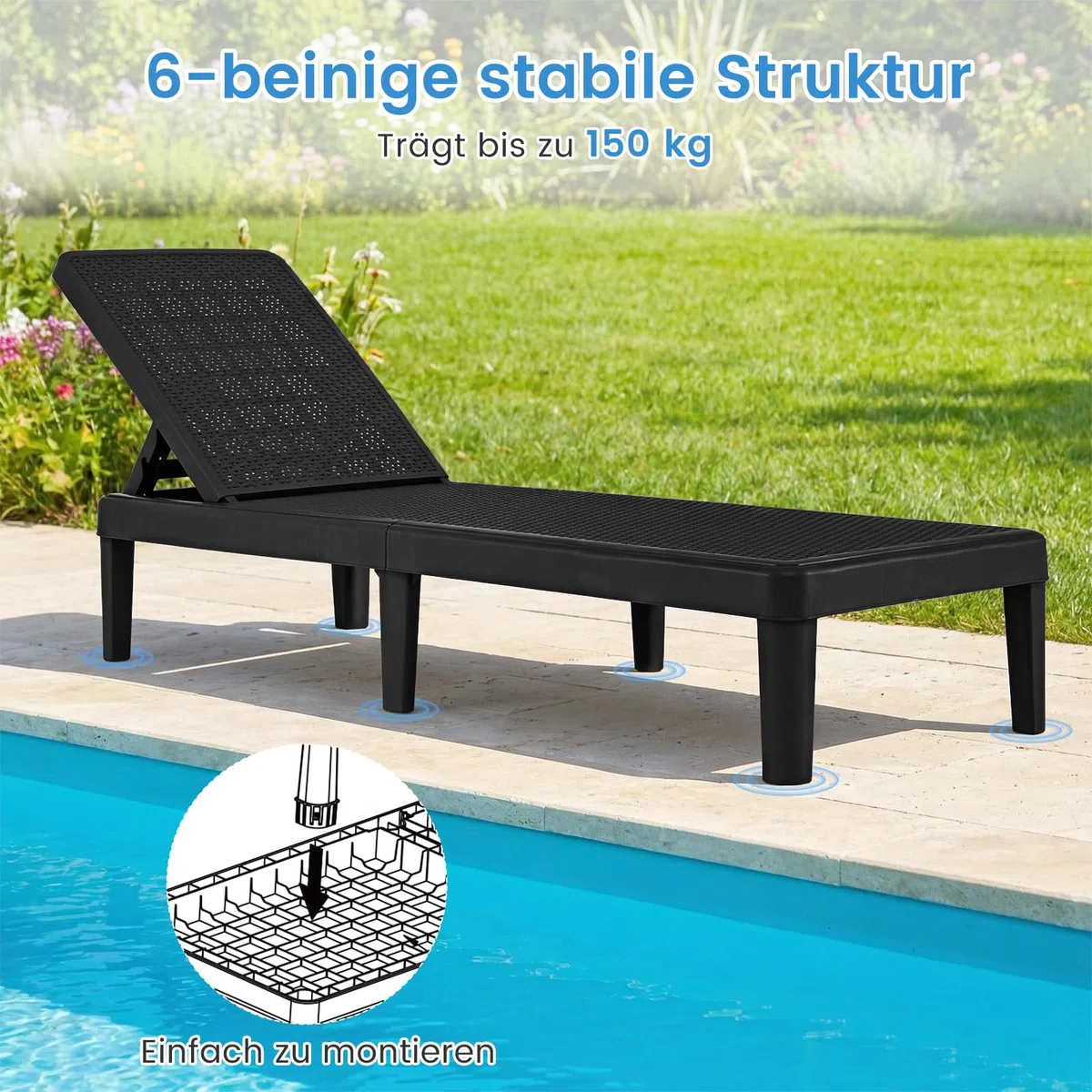 COSTWAY 2er Set Sonnenliege wetterfest, Gartenliege mit Verstellbarer Rückenlehne, Balkonliege aus Kunststoff, Terrassenliege bis 150 kg belastbar, Liegestuhl für Garten, Terrasse, Balkon (Schwarz)