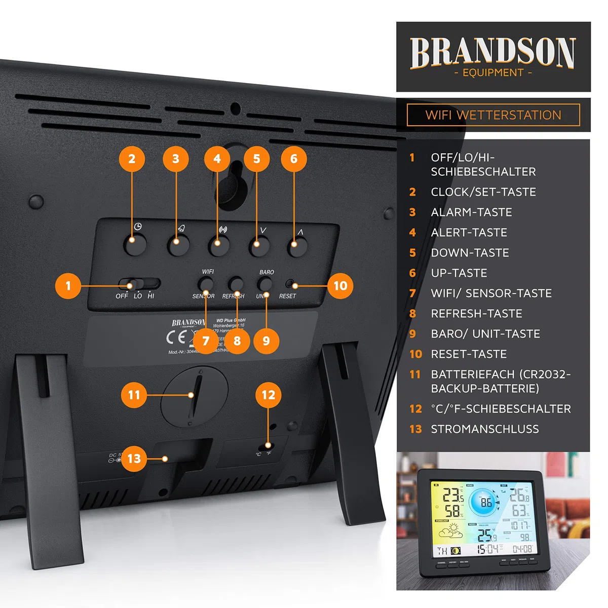 Brandson - Wetterstation Wlan mit Außensensor 5 in 1 – Funk - Wetterdaten per App WiFi - Wettervorhersage - Innen und Außentemperatur – Windmesser und Regensensor - Windrichtung - LCD Farbdispay