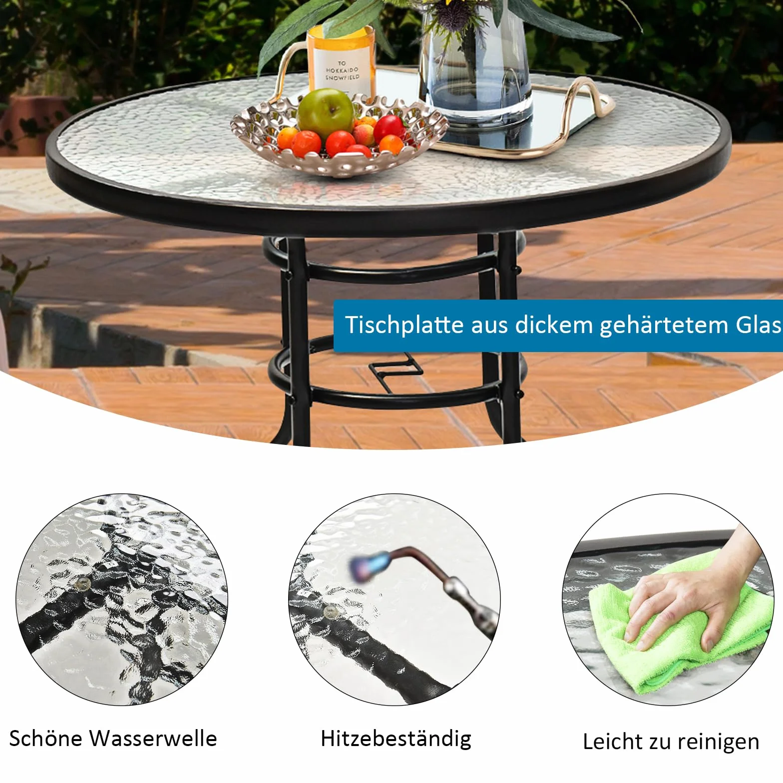 GOPLUS Gartentisch mit Schirmloch, Balkontisch mit Glasplatte & Metallrahmen, Terrassentisch Beistelltisch Bistrotisch Glastisch Esstisch für Garten & Terrasse (Rund)