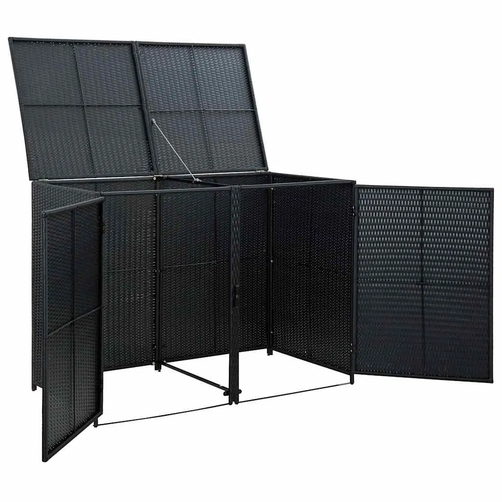 Mülltonnenbox für 2 Tonnen aus Poly Rattan in Schwarz 148x80x111 cm mit Deckel und Zwei Türen, robuste Gartenlagerung aus PE-Rattan, langlebig und verrottungsbeständig