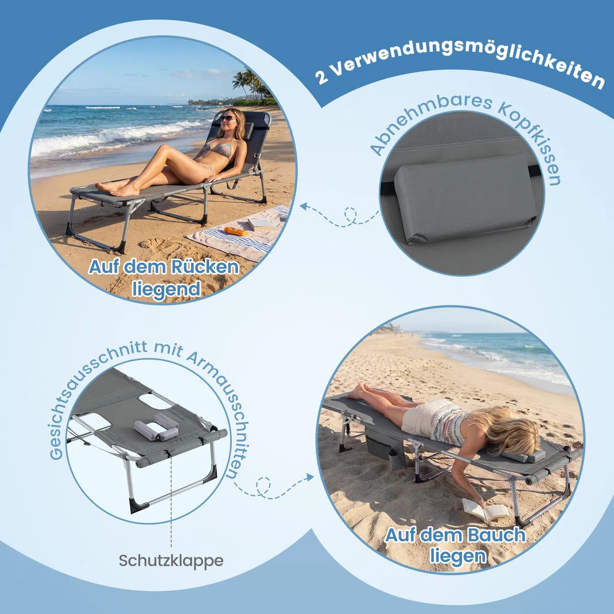 COSTWAY Sonnenliege mit Loch für Kopf und Arme, Faltbare Gartenliege mit Verstellbarer Rückenlehne und Fußteil, abnehmbarem Kissen, Seitentasche, Liegestuhl für Strand, Garten, Balkon (Grau)