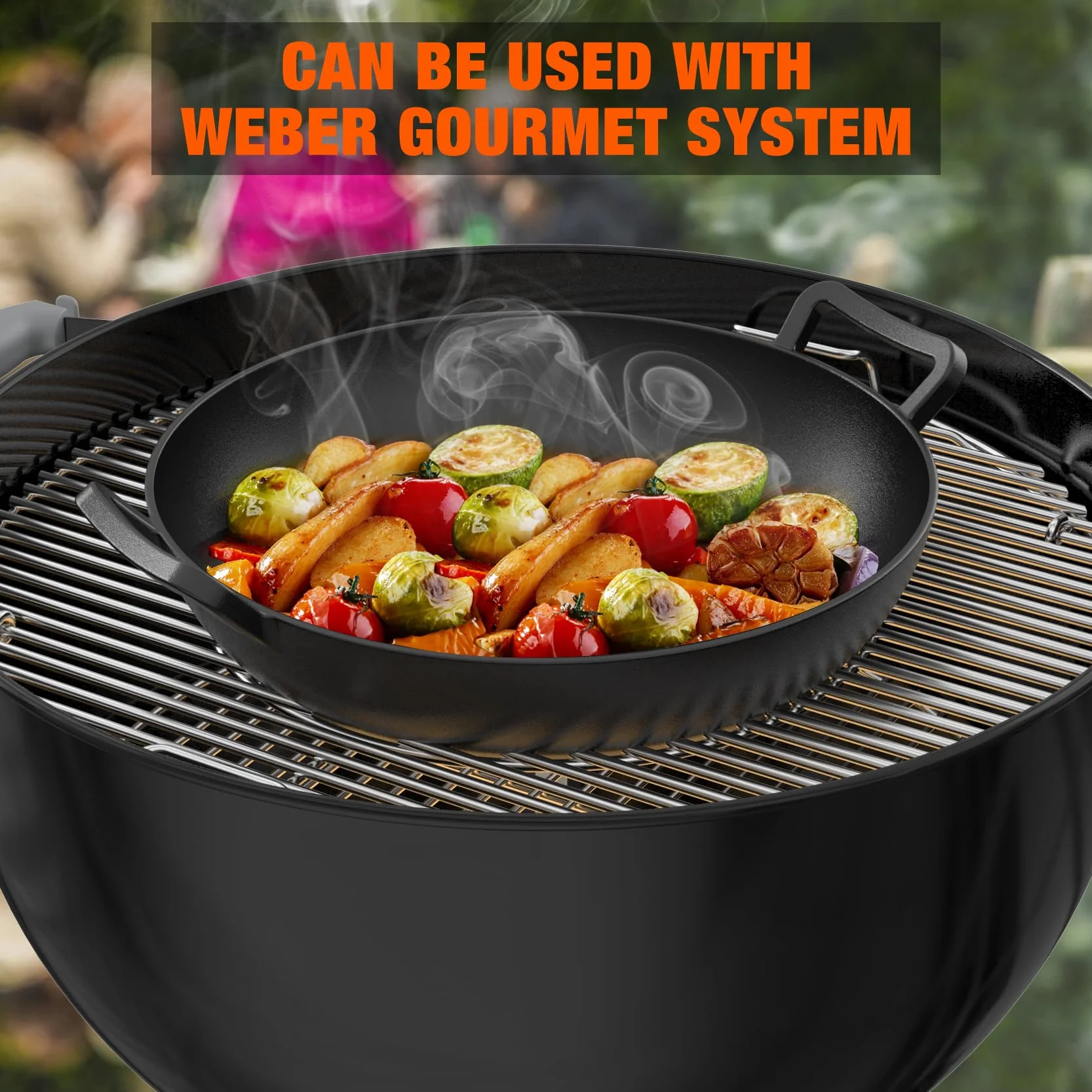onlyfire Wok Gusseisen, Ø36cm Wokpfanne mit Griff, Gusseisenpfanne für Weber Gourmet BBQ System, Passend für Weber Spirit II & Genesis II GS4 System, BBQ Grillpfanne