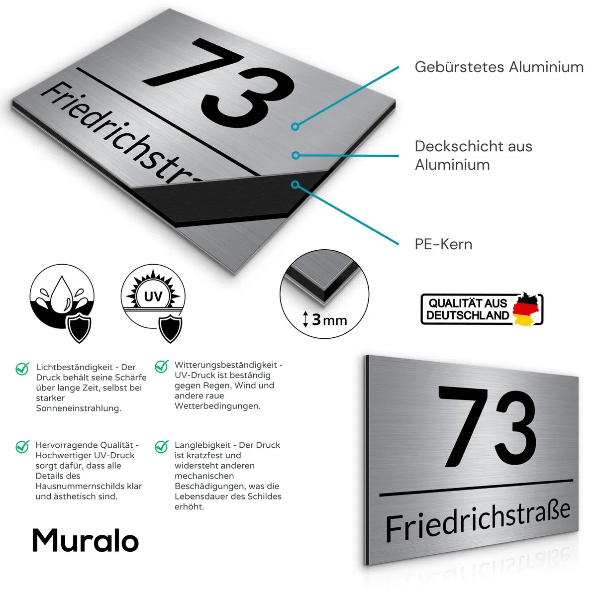 Muralo - Hausnummern-Schild Türschild Personalisiert Wetterfest für Tür, Gebäude, Zimmer - Br.40cm x Hö.30cm - Gebürstetes Aluminium