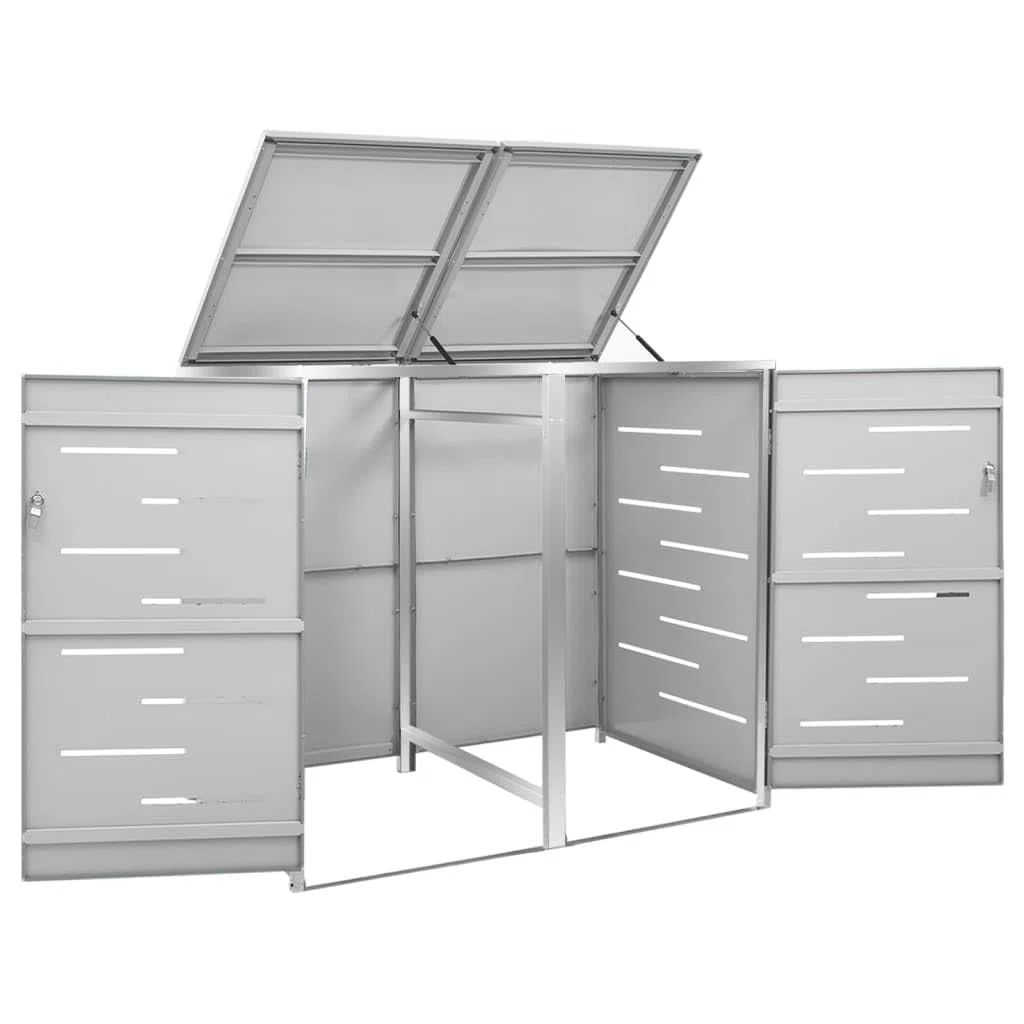 Doppel-Mülltonnenbox Mülltonnenbox Outdoor Lagerung Versteck Einfaches Öffnen und Schließen Schuppen Grau 138 x 77,5 x 112,5 cm Edelstahl