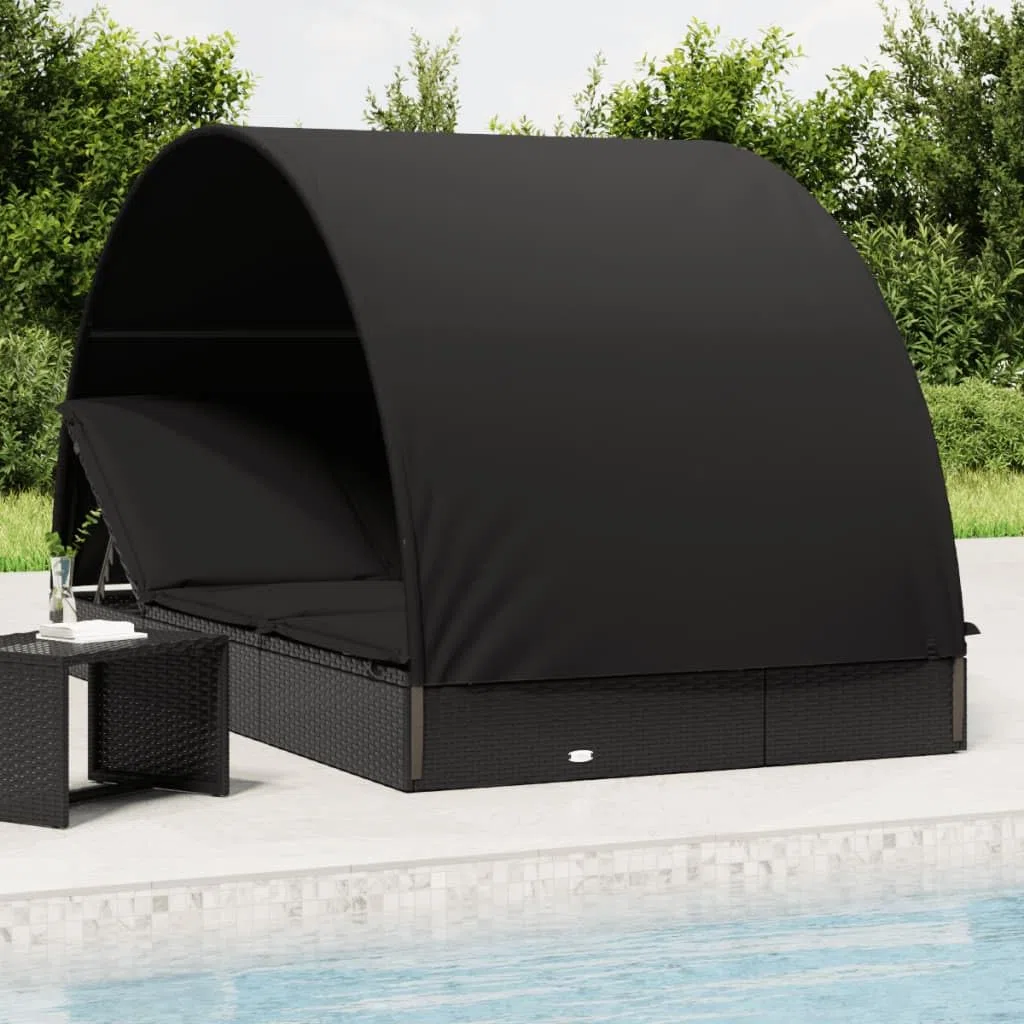 Sonnenliege für 2 Personen mit rundem Dach Schwarz 211x112x140 cm aus PE-Rattan pulverbeschichtetem Stahl verstellbar mit Polstern für Terrasse Balkon Pool Camping Relaxen