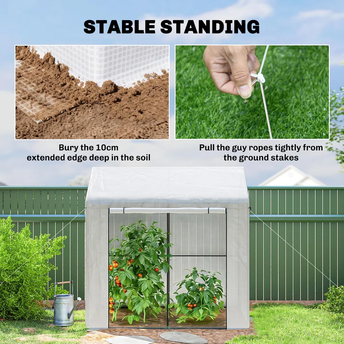 Outsunny begehbares Gewächshaus, Tomatengewächshaus für den Außenbereich, Gewächshaus für den Garten, Anzuchtgewächshaus mit Rolltür und Netzfenstern, PE-Abdeckung, 200 x 140 x 200 cm, weiß | Tomatengewächshaus für den Außenbereich, Gewächshaus für Garten