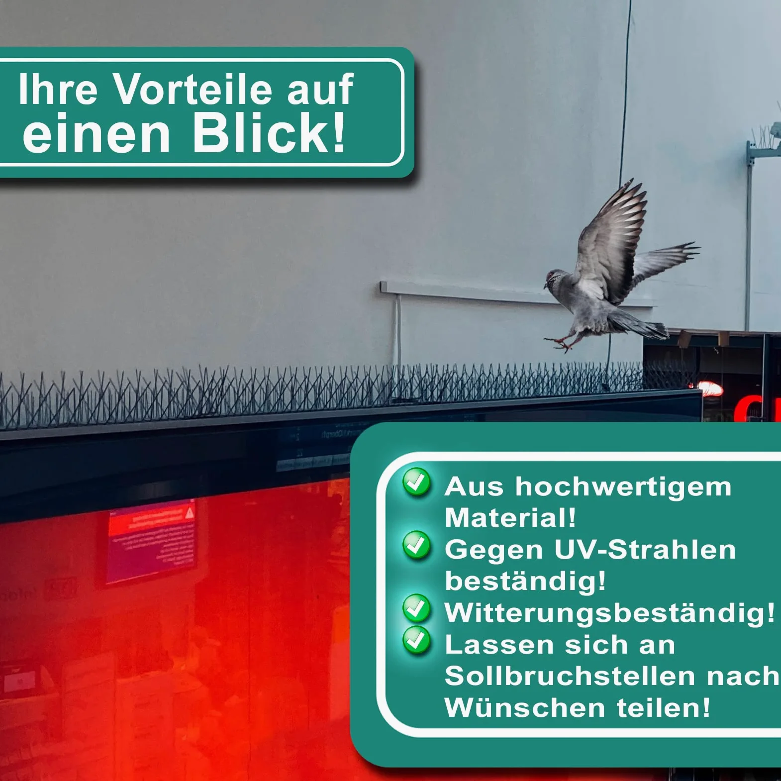 PRIOstahl Taubenabwehr Taubenspikes Vogelabwehr mit Edelstahlgrundplatte 4-reihig 15 Meter (30 x 0,50cm Spikes) Vogelschutz Abwehr für Balkon Dach Fenster UV-Beständig & rostfrei Edelstahl V2A