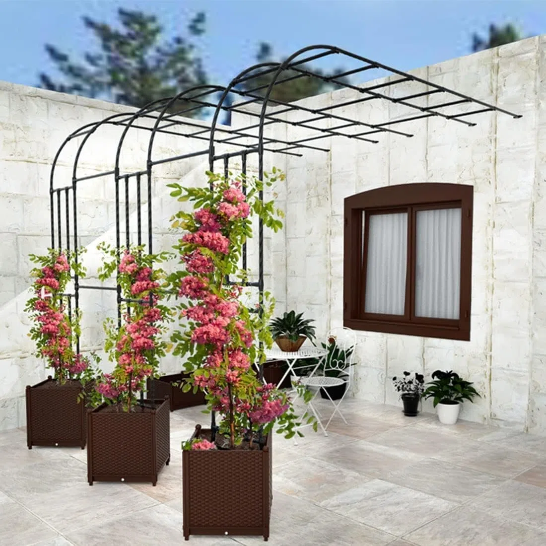 Schwarzer Metall-Gartenbogen, Rankgitter für Kletterrosen und Reben, Pflanzenstütze, einfache Montage, elegante Gartendekoration, Wandbogen