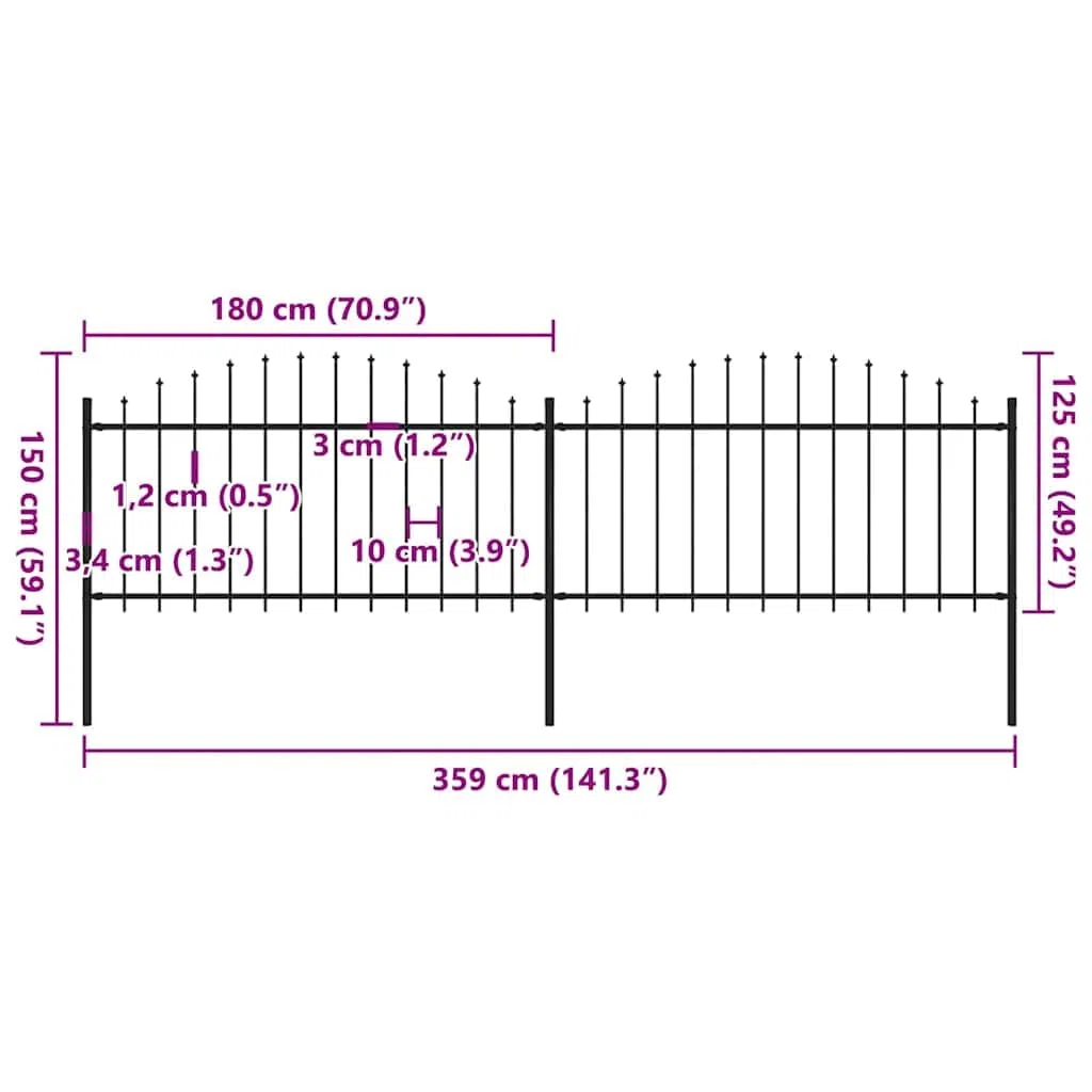 Gartenzaun mit Speerspitze Stahl 359 x 150 cm Schwarz, 2 Zaunelemente mit Pfosten, stabile Doppelstabmatte, Sichtschutz und Absperrung für Grundstück, Terrasse und Vorgarten