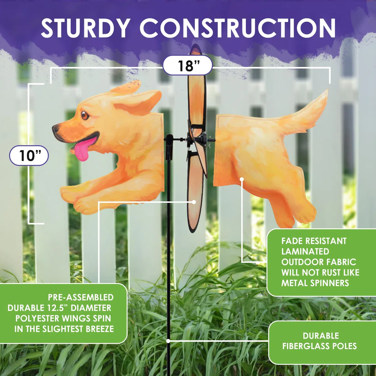 Premier Kites Petite Spinner Golden Retriever - Skurriles Windspiel für Hof & Garten, strapazierfähiges, wetterbeständiges Gewebe, einfach zu montieren, Outdoor-Dekor für Terrassen, Rasenflächen und