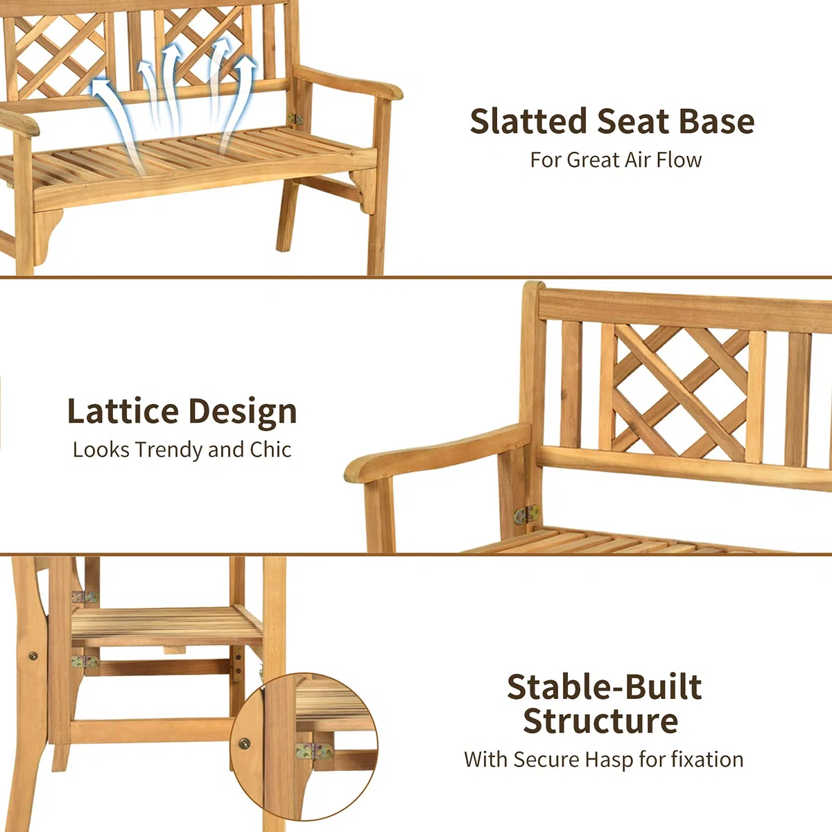 GIANTEX Akazienholz Gartenbank faltbar, Massiv Parkbank 2 Sitzer, Terrassenbank Balkon Bank bis 320 kg belastbar, Holzbank Sitzbank mit Rücken- & Armlehne, rustikal im Landhausstil, Naturholzfarbe