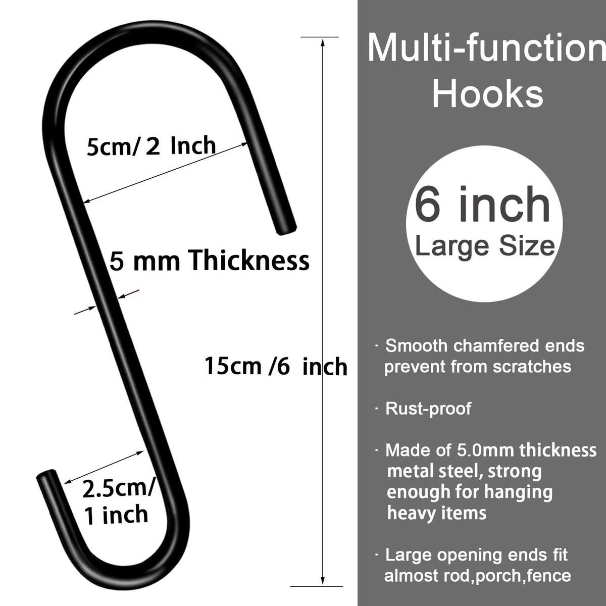 HiGift S-Haken, robust, 5,5 mm dick, extra groß, schwarz, S-förmig, zum Aufhängen von Pflanzen, Windspielen, Laternen, Gartenwerkzeuge, Lichter, Pflanzkorb, Vogelfutterstation, 8 Stück